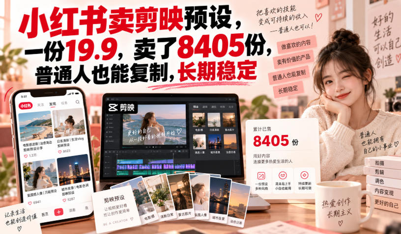 小红书卖剪映预设，一份19.9，卖了8405份，普通人也能复制，长期稳定-创业网 - 最新网络创业项目与实战营销教程平台 | cye.cc