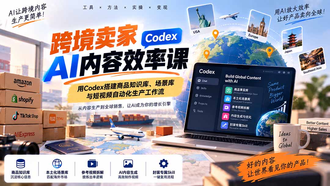跨境卖家AI内容效率课：用Codex搭建商品知识库、场景库与短视频自动化生产工作流-创业网 - 最新网络创业项目与实战营销教程平台 | cye.cc