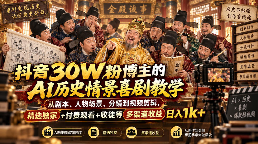 抖音30W粉博主的AI历史情景喜剧教学，从剧本、人物场景、分镜到视频剪辑，精选独家+付费观看+收徒等多渠道收益日入1k+-创业网 - 最新网络创业项目与实战营销教程平台 | cye.cc