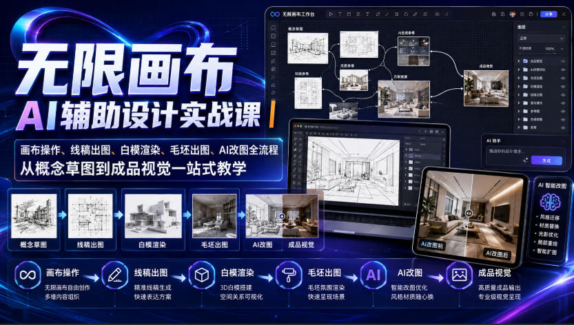 无限画布AI辅助设计实战课｜画布操作、线稿出图、白模渲染、毛坯出图、AI改图全流程，从概念草图到成品视觉一站式教学(更新0923)-创业网 - 最新网络创业项目与实战营销教程平台 | cye.cc