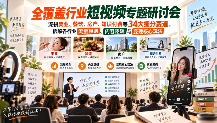 短视频专题研讨会，深耕美业、餐饮、房产、知识付费等34大细分赛道，拆解各行业流量规则、内容逻辑与变现核心玩法-创业网 - 最新网络创业项目与实战营销教程平台 | cye.cc