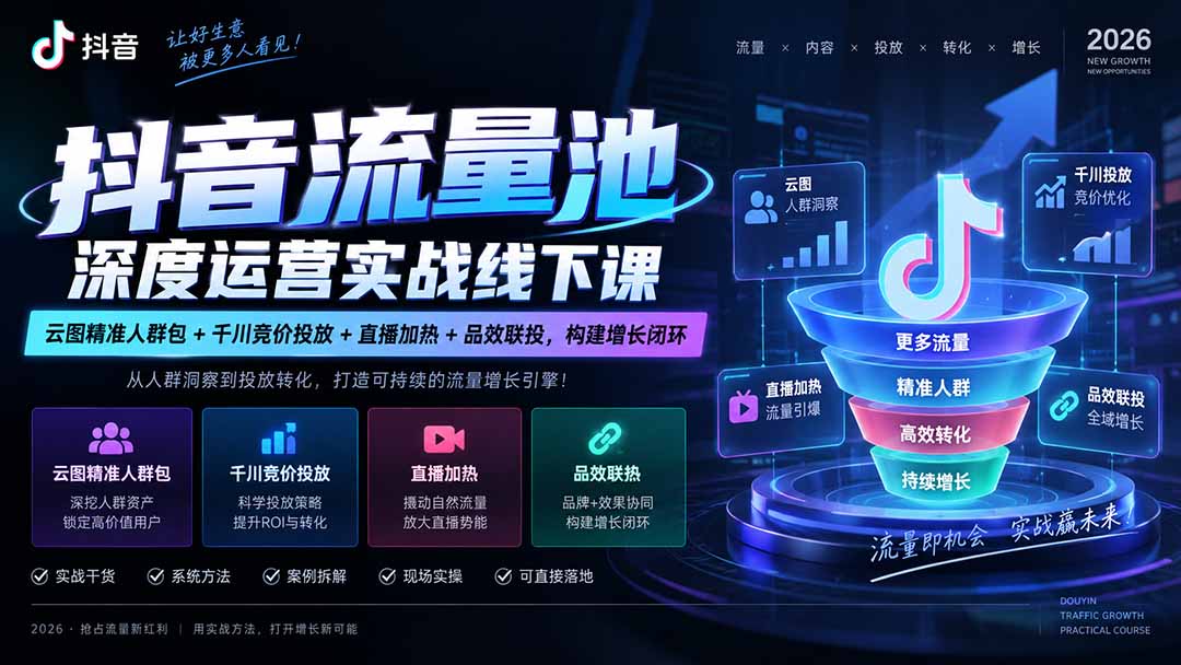 抖音流量池深度运营实战线下课｜云图精准人群包+千川竞价投放+直播加热+品效联投，构建增长闭环-创业网 - 最新网络创业项目与实战营销教程平台 | cye.cc