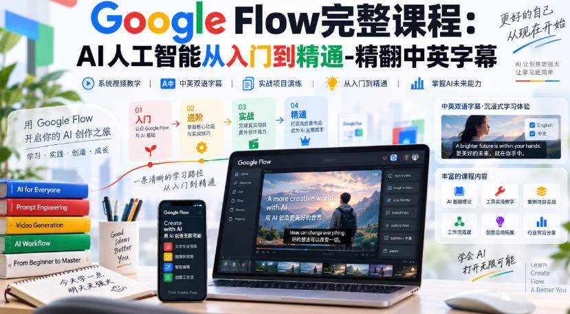 【无水印】Google Flow完整课程：AI人工智能从入门到精通-精翻中英字幕-创业网 - 最新网络创业项目与实战营销教程平台 | cye.cc