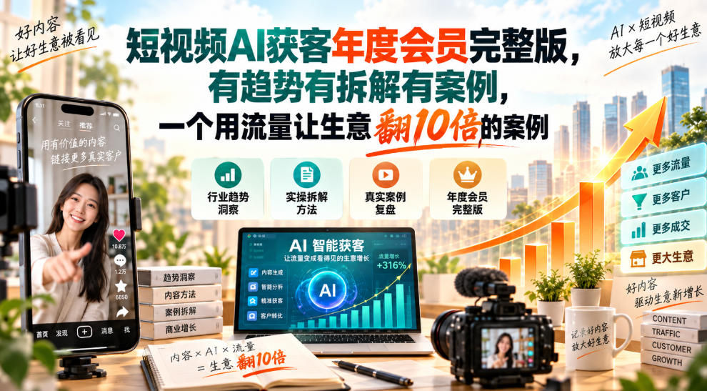 短视频AI获客年度会员完整版，有趋势有拆解有案例，一个用流量让生意翻10倍的案例-创业网 - 最新网络创业项目与实战营销教程平台 | cye.cc
