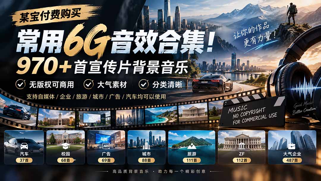 某宝付费购买，常用6G音效合集！970+首宣传片背景音乐，无版权可商用大气素材，分类清晰-创业网 - 最新网络创业项目与实战营销教程平台 | cye.cc