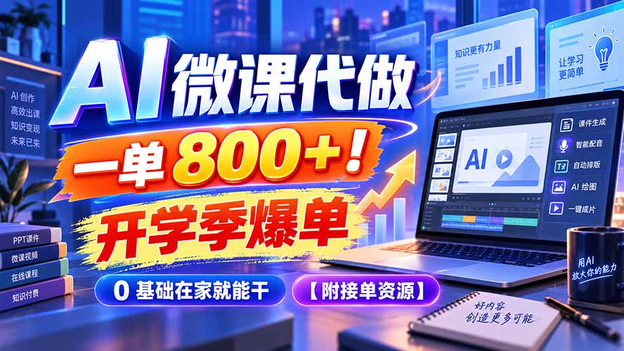AI 微课代做，一单 800+！开学季爆单，0 基础在家就能干【附接单资源】-创业网 - 最新网络创业项目与实战营销教程平台 | cye.cc