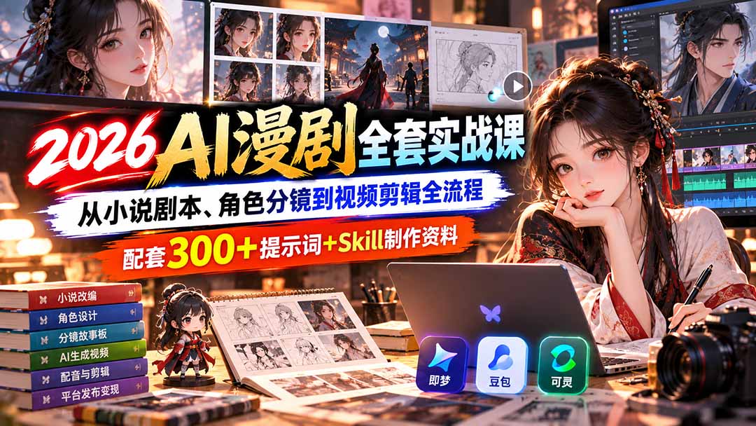 【无水印】2026AI漫剧全套实战课：从小说剧本、角色分镜到视频剪辑全流程，配套300+提示词+Skill制作资料-创业网 - 最新网络创业项目与实战营销教程平台 | cye.cc