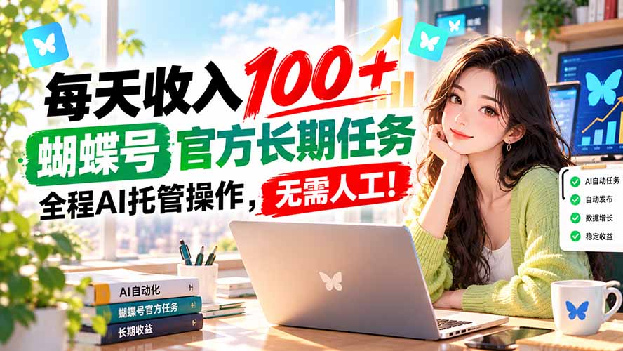 每天收入100＋， 蝴蝶号官方长期任务， 全程ai托管操作，无需人工！-创业网 - 最新网络创业项目与实战营销教程平台 | cye.cc
