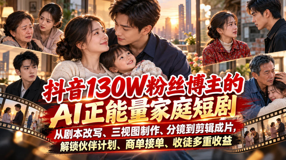 抖音130W粉丝博主的AI正能量家庭短剧，从剧本改写、三视图制作、分镜到剪辑成片，解锁伙伴计划、商单接单、收徒多重收益-创业网 - 最新网络创业项目与实战营销教程平台 | cye.cc