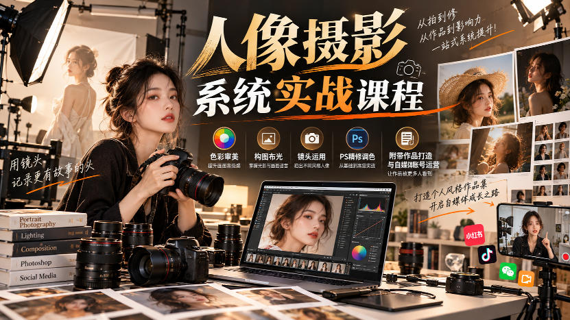 【无水印】人像摄影系统实战课程，色彩审美、构图布光、镜头运用、PS精修调色，附带作品打造与自媒体账号运营-创业网 - 最新网络创业项目与实战营销教程平台 | cye.cc