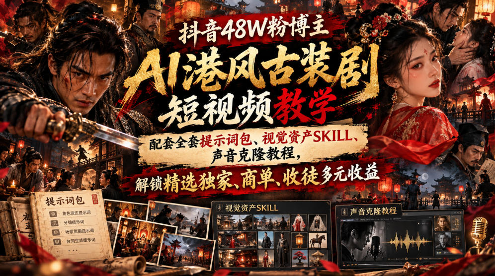 抖音48W粉博主AI港风古装剧短视频教学，配套全套提示词包、视觉资产SKILL、声音克隆教程，解锁精选独家、商单、收徒多元收益-创业网 - 最新网络创业项目与实战营销教程平台 | cye.cc