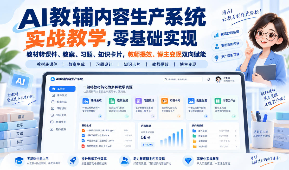 【无水印】AI教辅内容生产系统实战教学，零基础实现教材转课件、教案、习题、知识卡片，教师提效、博主变现双向赋能(更新0926)-创业网 - 最新网络创业项目与实战营销教程平台 | cye.cc