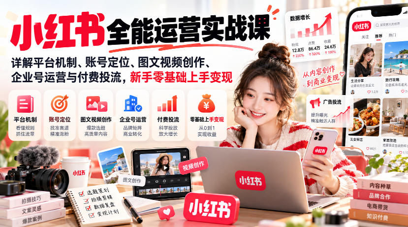小红书全能运营实战课，详解平台机制、账号定位、图文视频创作、企业号运营与付费投流，新手零基础上手变现-创业网 - 最新网络创业项目与实战营销教程平台 | cye.cc