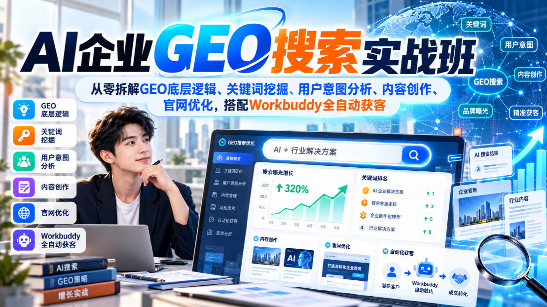 AI企业GEO搜索实战班，从零拆解GEO底层逻辑、关键词挖掘、用户意图分析、内容创作、官网优化，搭配Workbuddy全自动获客-创业网 - 最新网络创业项目与实战营销教程平台 | cye.cc