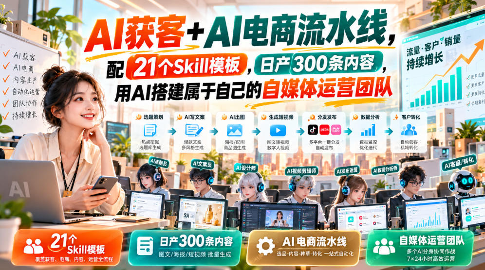AI获客+AI电商流水线，配21个Skill模板，日产300条内容，用AI搭建属于自己的自媒体运营团队-创业网 - 最新网络创业项目与实战营销教程平台 | cye.cc
