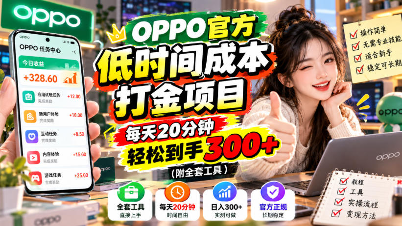 OPPO官方低时间成本打金项目，每天20分钟，轻松到手300+(附全套工具)【揭秘】-创业网 - 最新网络创业项目与实战营销教程平台 | cye.cc