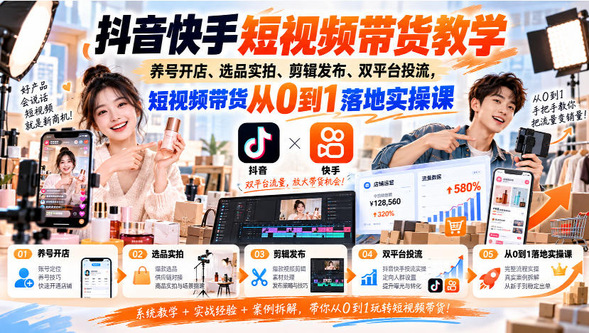 抖音快手短视频带货教学｜养号开店、选品实拍、剪辑发布、双平台投流，短视频带货从0到1落地实操课-创业网 - 最新网络创业项目与实战营销教程平台 | cye.cc
