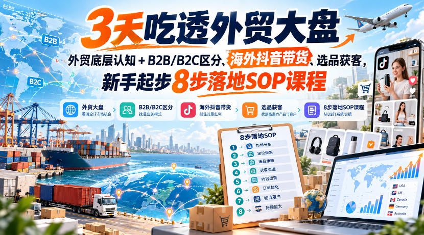 3天吃透外贸大盘，外贸底层认知+B2B/B2C区分、海外抖音带货、选品获客，新手起步8步落地SOP课程-创业网 - 最新网络创业项目与实战营销教程平台 | cye.cc