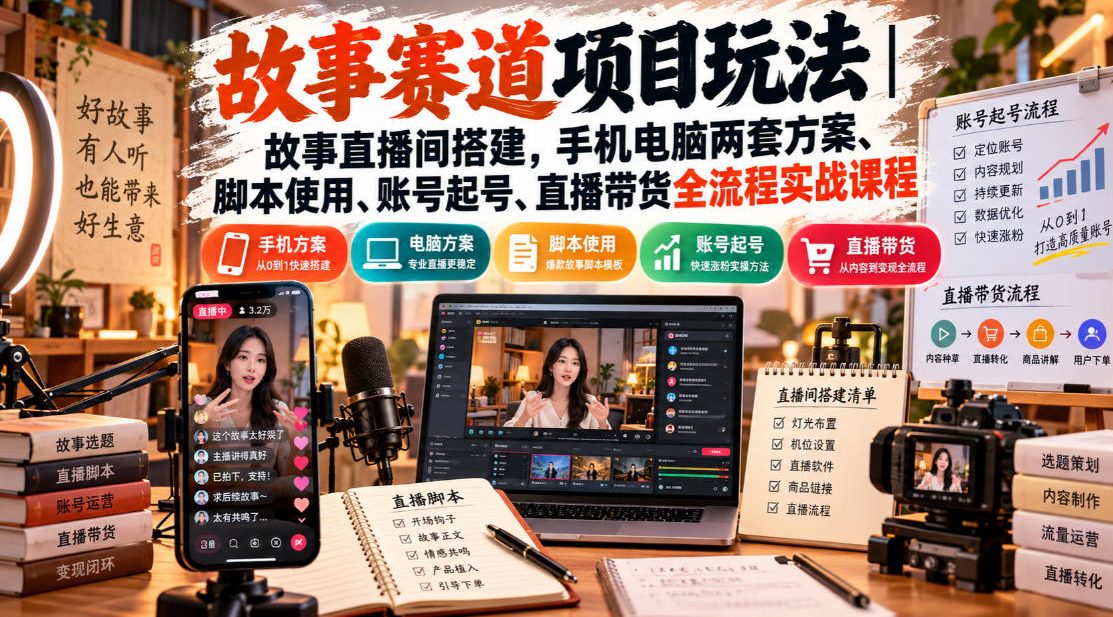 故事赛道项目玩法｜故事直播间搭建，手机电脑两套方案、脚本使用、账号起号、直播带货全流程实战课程-创业网 - 最新网络创业项目与实战营销教程平台 | cye.cc