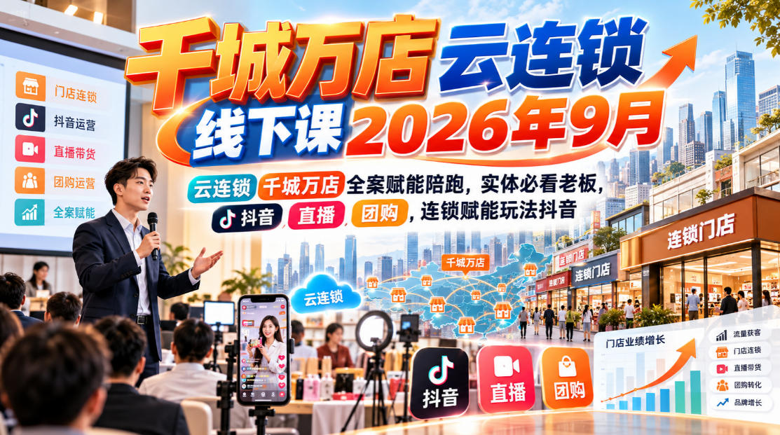 千城万店云连锁线下课2026年9月，云连锁千城万店全案赋能陪跑，实体必看老板，抖音，直播，团购，连锁赋能玩法抖音-创业网 - 最新网络创业项目与实战营销教程平台 | cye.cc