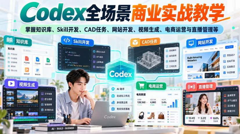 【无水印】Codex全场景商业实战教学，掌握知识库、Skill开发、CAD任务、网站开发、视频生成、电商运营与直播管理等-创业网 - 最新网络创业项目与实战营销教程平台 | cye.cc