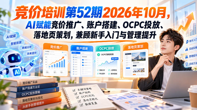 【无水印】竞价培训第52期2026年10月，AI赋能竞价推广、账户搭建、OCPC投放、落地页策划，兼顾新手入门与管理提升-创业网 - 最新网络创业项目与实战营销教程平台 | cye.cc