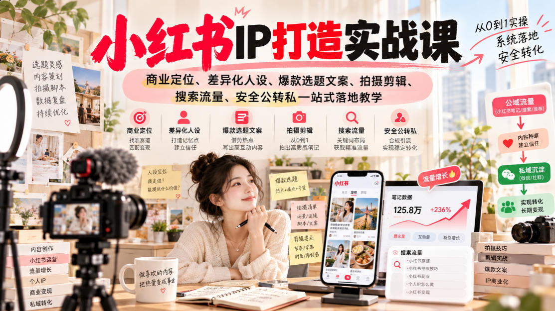 小红书ip打造实战课，商业定位、差异化人设、爆款选题文案、拍摄剪辑、搜索流量、安全公转私一站式落地教学-创业网 - 最新网络创业项目与实战营销教程平台 | cye.cc