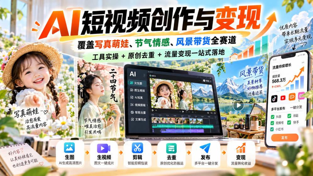 AI短视频创作与变现，覆盖写真萌娃、节气情感、风景带货全赛道，工具实操+原创去重+流量变现一站式落地-创业网 - 最新网络创业项目与实战营销教程平台 | cye.cc