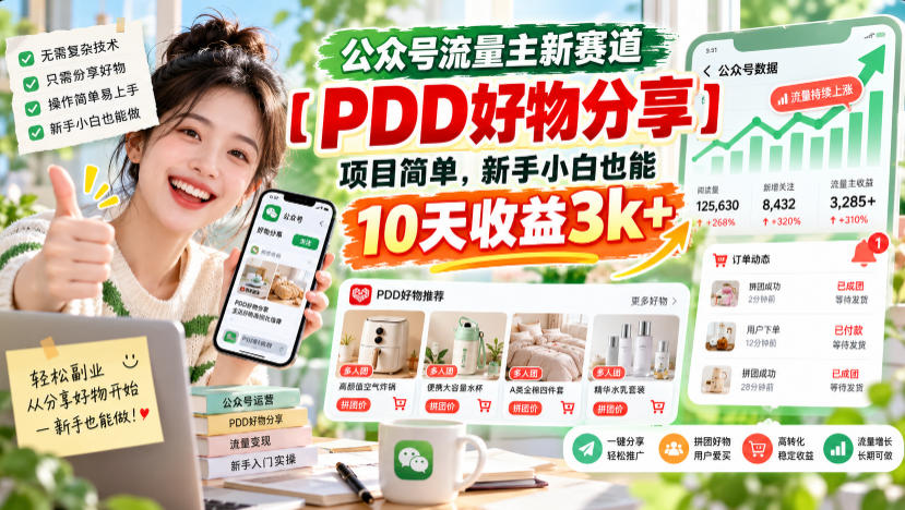 公众号流量主新赛道【PDD好物分享】，项目简单，新手小白也能10天收益3k+-创业网 - 最新网络创业项目与实战营销教程平台 | cye.cc