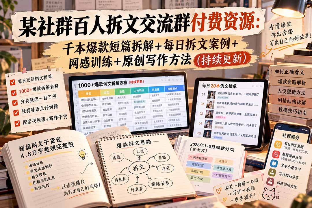 某社群百人拆文交流群付费资源-更新0929：千本爆款短篇拆解+每日拆文案例+网感训练+原创写作方法-创业网 - 最新网络创业项目与实战营销教程平台 | cye.cc