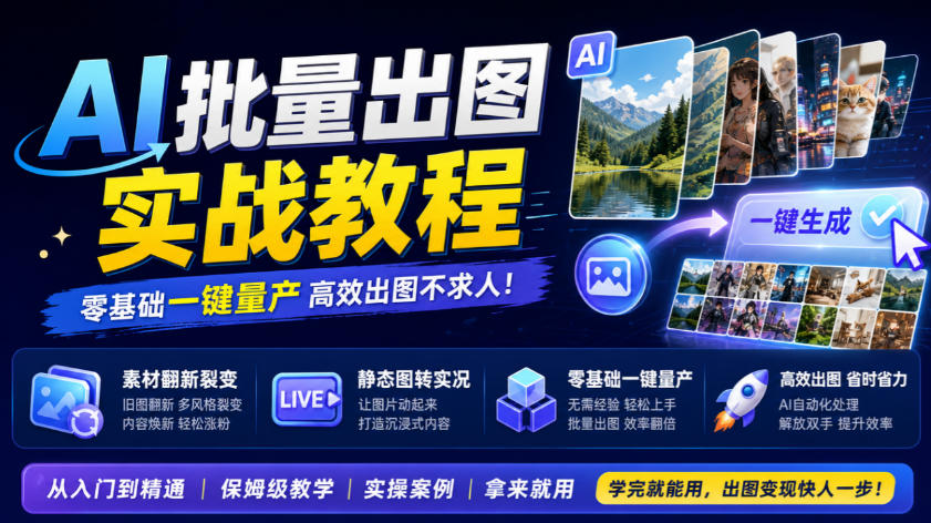 AI批量出图实战教程，素材翻新裂变，静态图转实况，零基础一键量产-创业网 - 最新网络创业项目与实战营销教程平台 | cye.cc