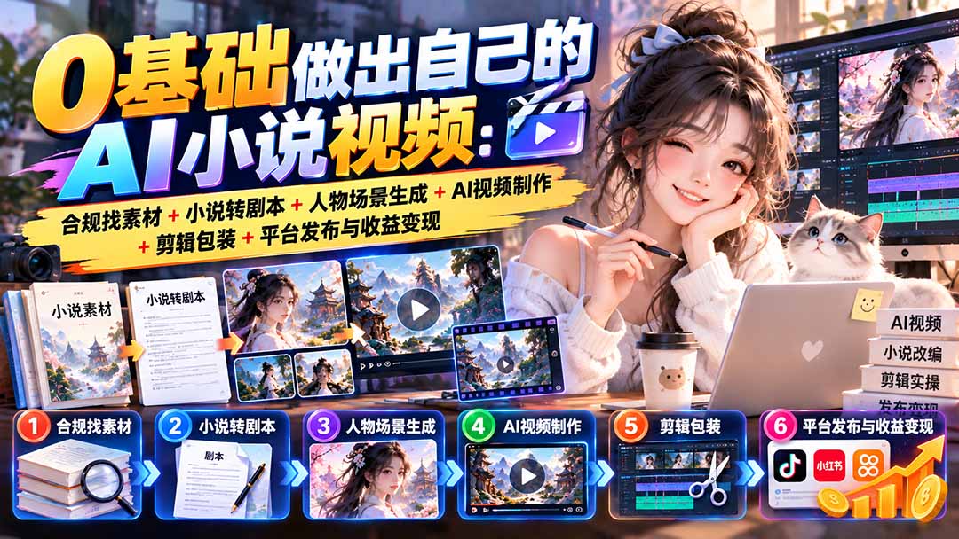 0基础做出自己的AI小说视频：合规找素材+小说转剧本+人物场景生成+AI视频制作+剪辑包装+平台发布与收益变现-创业网 - 最新网络创业项目与实战营销教程平台 | cye.cc