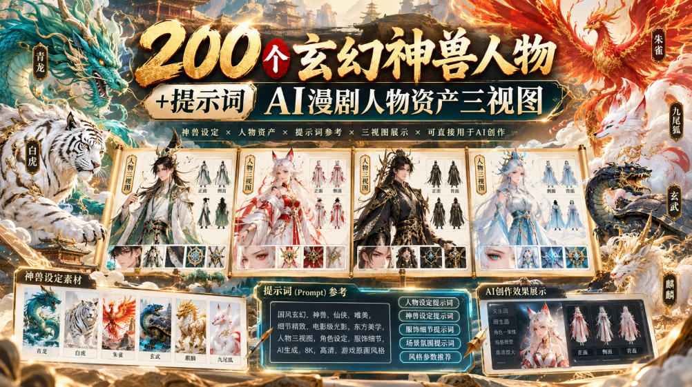 200个玄幻神兽人物+提示词ai漫剧人物资产三视图-创业网 - 最新网络创业项目与实战营销教程平台 | cye.cc