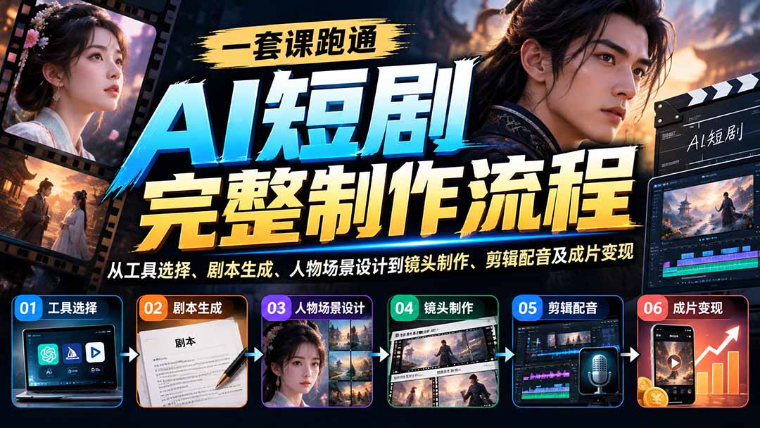 一套课跑通AI短剧完整制作流程：从工具选择、剧本生成、人物场景设计到镜头制作、剪辑配音及成片变现-创业网 - 最新网络创业项目与实战营销教程平台 | cye.cc