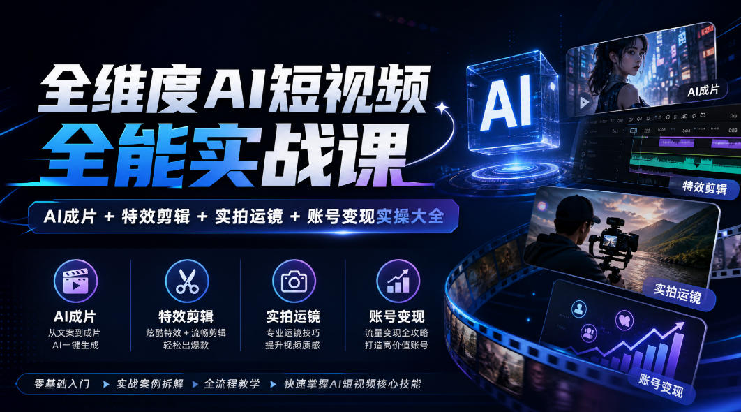 全维度AI短视频全能实战课，AI成片+特效剪辑+实拍运镜+账号变现实操大全-创业网 - 最新网络创业项目与实战营销教程平台 | cye.cc