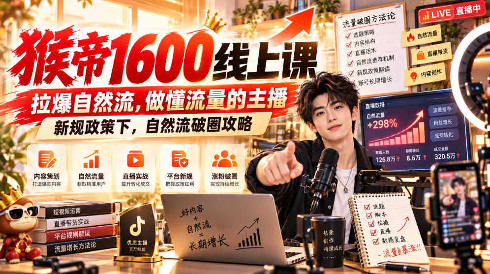 猴帝1600线上课，拉爆自然流，做懂流量的主播，新规政策下，自然流破圈攻略【更新261002】-创业网 - 最新网络创业项目与实战营销教程平台 | cye.cc