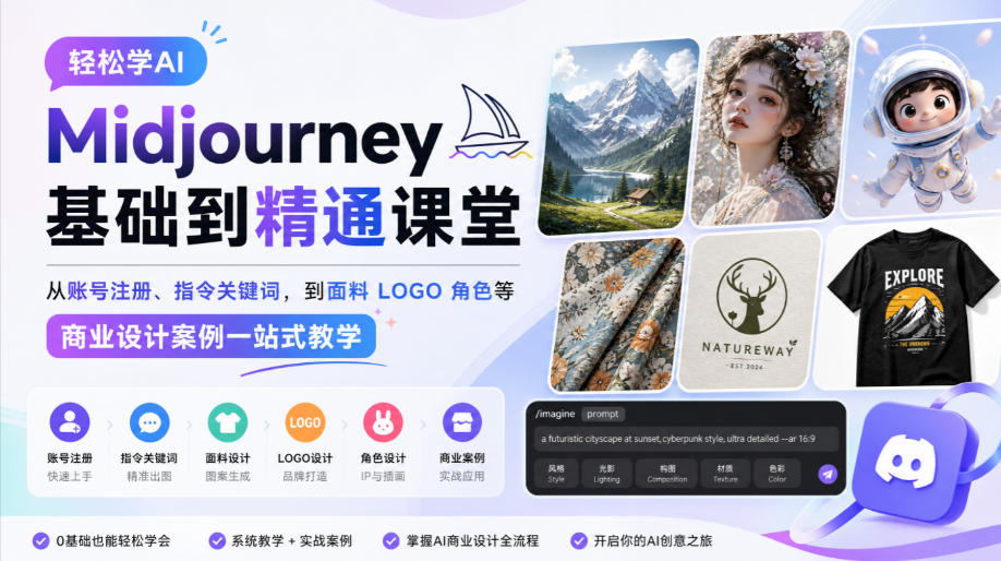 轻松学AI Midjourney基础到精通课堂，从账号注册、指令关键词，到面料LOGO角色等商业设计案例一站式教学-创业网 - 最新网络创业项目与实战营销教程平台 | cye.cc