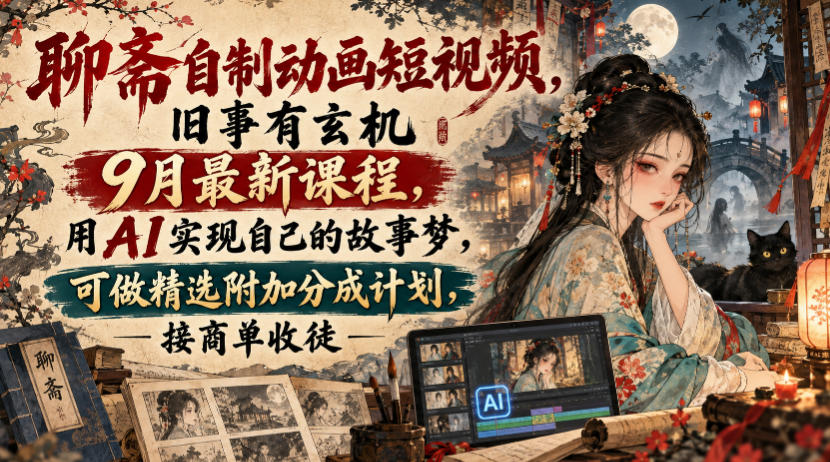 聊斋自制动画短视频，旧事有玄机9月最新课程，用AI实现自己的故事梦，可做精选附加分成计划，接商单收徒-创业网 - 最新网络创业项目与实战营销教程平台 | cye.cc