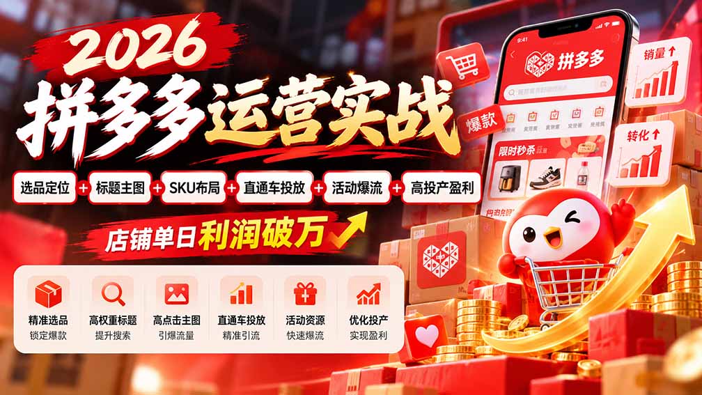 2026拼多多运营实战-更新1002：选品定位+标题主图+SKU布局+直通车投放+活动爆流+高投产盈利 店铺单日利润破万-创业网 - 最新网络创业项目与实战营销教程平台 | cye.cc
