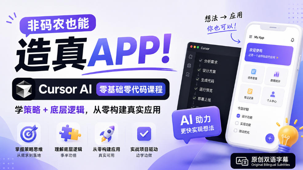 非码农也能造真APP！Cursor AI零基础零代码课程：学策略+底层逻辑，从零构建真实应用【原创双语字幕】-创业网 - 最新网络创业项目与实战营销教程平台 | cye.cc