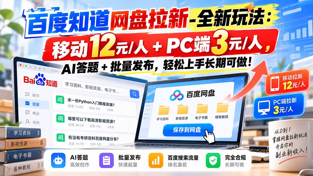 百度知道网盘拉新-全新玩法：移动12元/人+PC端3元/人，AI答题+批量发布，轻松上手长期可做！-创业网 - 最新网络创业项目与实战营销教程平台 | cye.cc