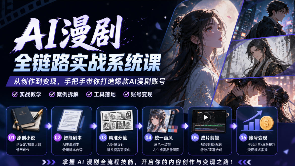 AI漫剧全链路实战系统课｜原创小说、智能剧本、精准分镜、统一画风、成片剪辑、账号变现实操教学-创业网 - 最新网络创业项目与实战营销教程平台 | cye.cc
