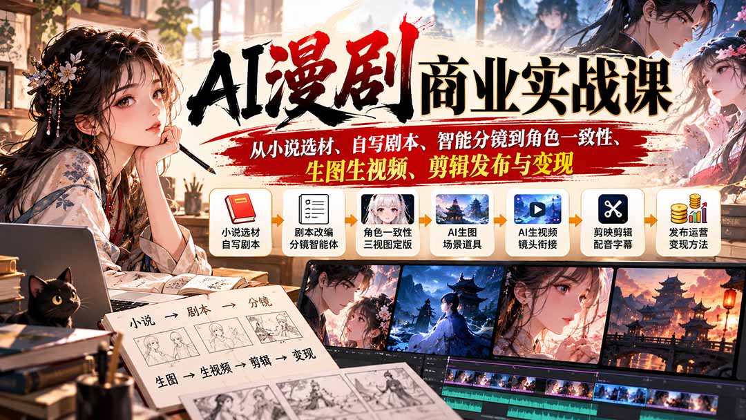 AI漫剧商业实战课：从小说选材、自写剧本、智能分镜到角色一致性、生图生视频、剪辑发布与变现-创业网 - 最新网络创业项目与实战营销教程平台 | cye.cc
