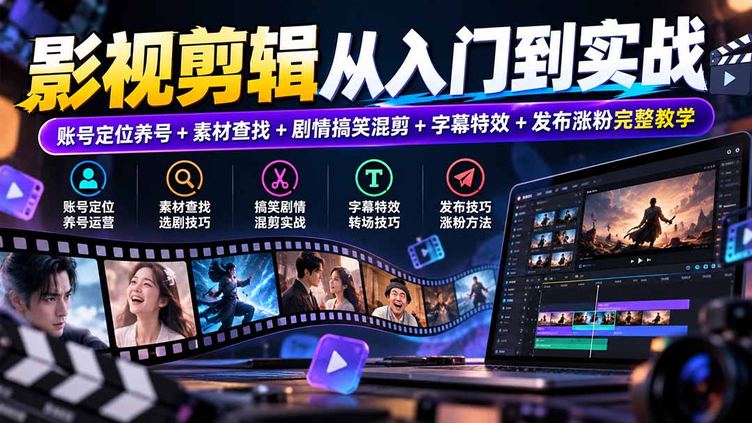 影视剪辑从入门到实战：账号定位养号+素材查找+剧情搞笑混剪+字幕特效+发布涨粉完整教学-创业网 - 最新网络创业项目与实战营销教程平台 | cye.cc