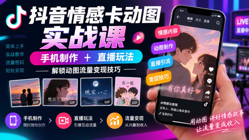 抖音情感卡动图实战课｜手机制作+直播玩法，解锁动图流量变现技巧-创业网 - 最新网络创业项目与实战营销教程平台 | cye.cc