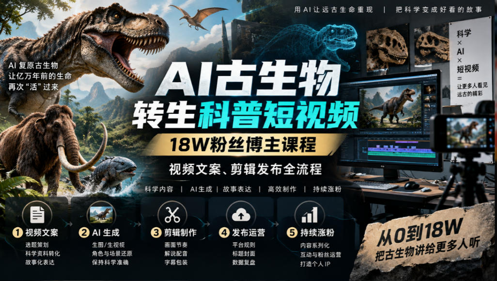 AI古生物转生科普短视频，18W粉丝博主课程，视频文案、剪辑发布全流程-创业网 - 最新网络创业项目与实战营销教程平台 | cye.cc