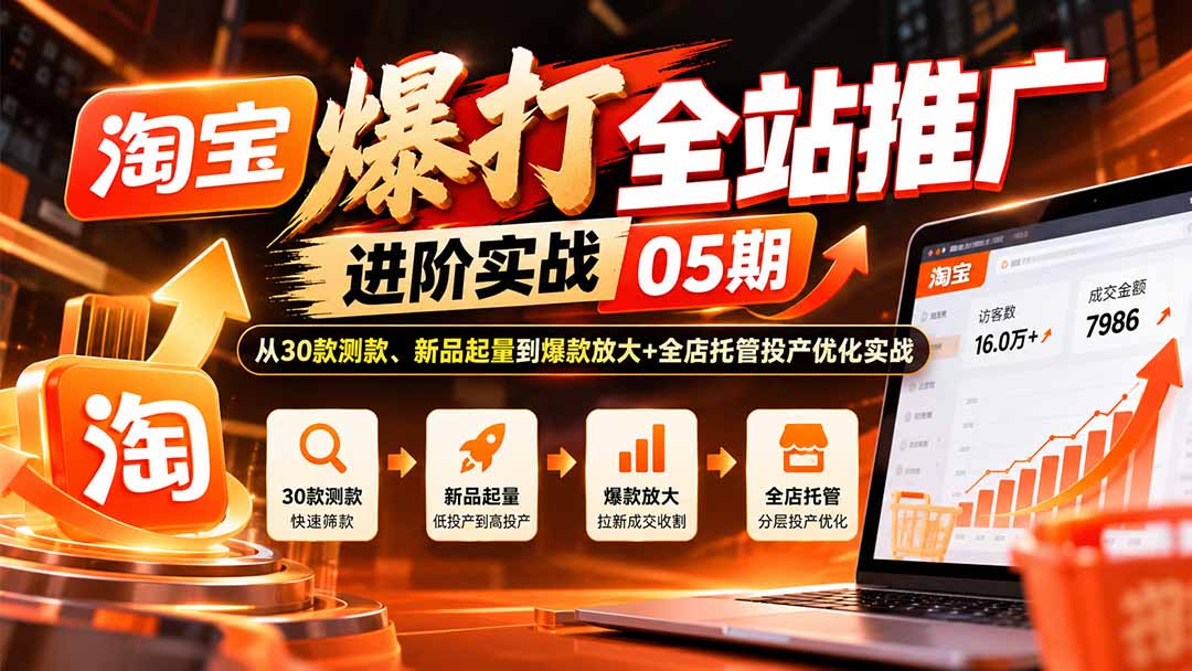 淘宝爆打全站推广进阶实战05期：从30款测款、新品起量到爆款放大+全店托管投产优化实战-创业网 - 最新网络创业项目与实战营销教程平台 | cye.cc
