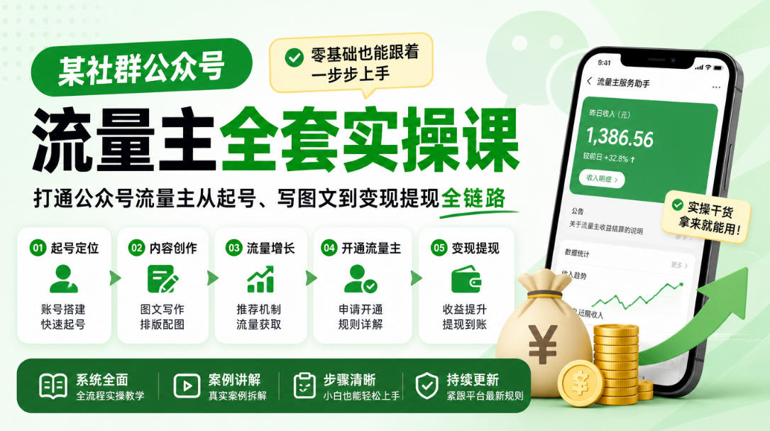 某社群公众号流量主全套实操课，零基础也能跟着一步步上手，打通公众号流量主从起号、写图文到变现提现全链路-创业网 - 最新网络创业项目与实战营销教程平台 | cye.cc