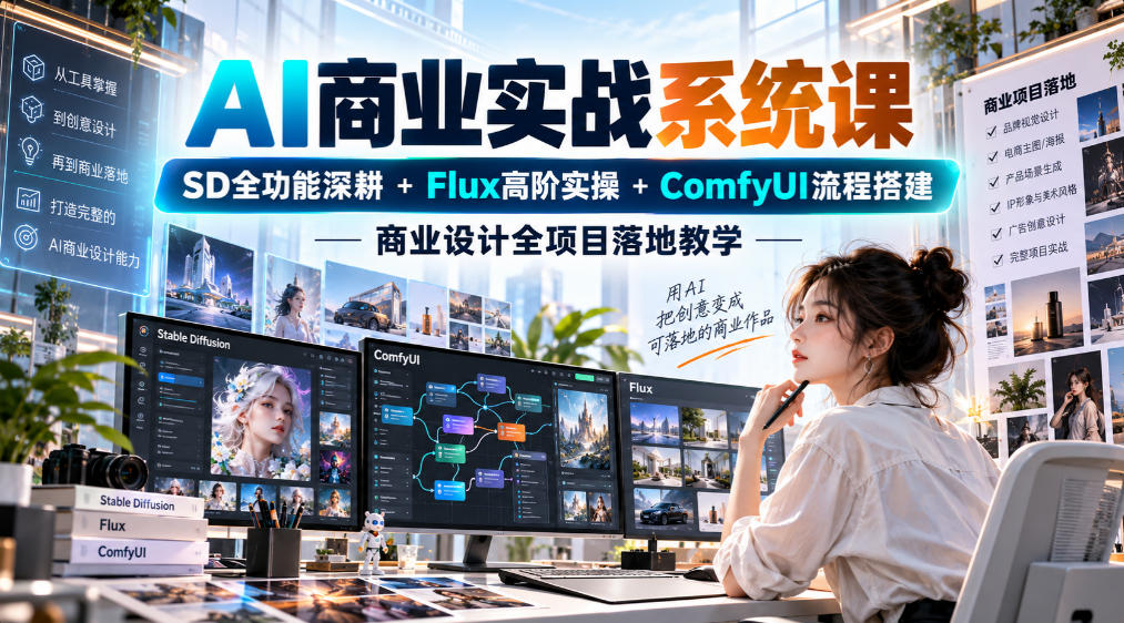 AI商业实战系统课｜SD全功能深耕+Flux高阶实操+Comfyui流程搭建，商业设计全项目落地教学-创业网 - 最新网络创业项目与实战营销教程平台 | cye.cc