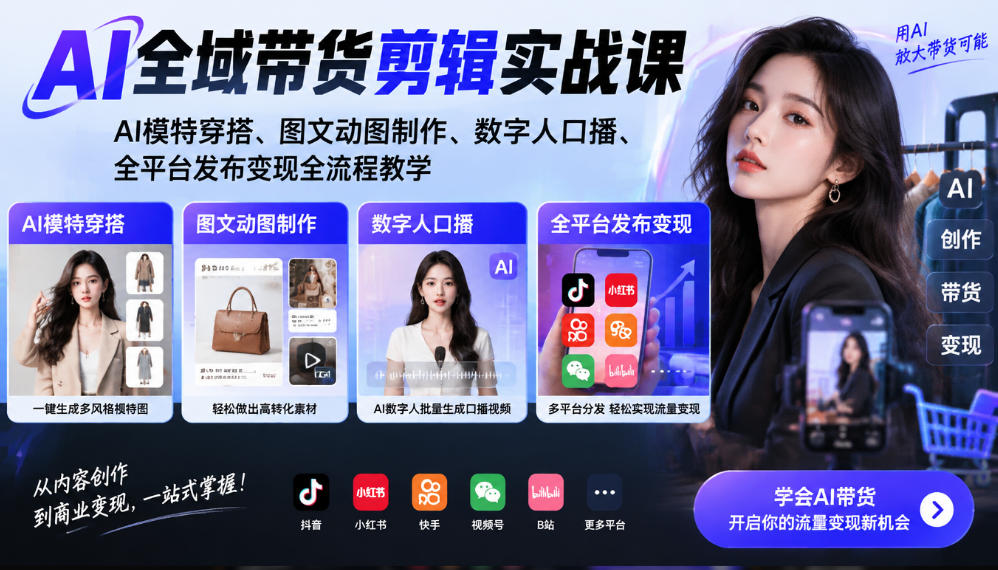 AI全域带货剪辑实战课｜AI模特穿搭、图文动图制作、数字人口播、全平台发布变现全流程教学-创业网 - 最新网络创业项目与实战营销教程平台 | cye.cc
